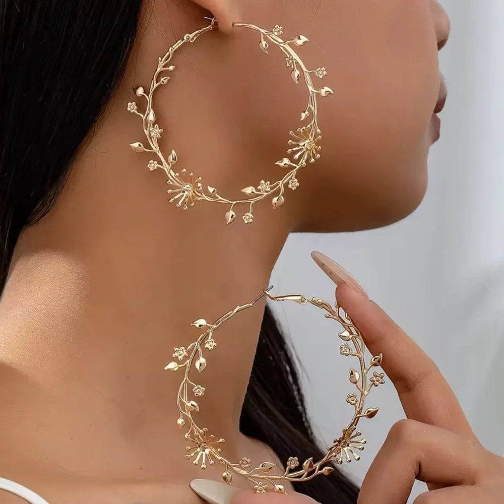 Anthropologie Gold Floral Hoop Earrings